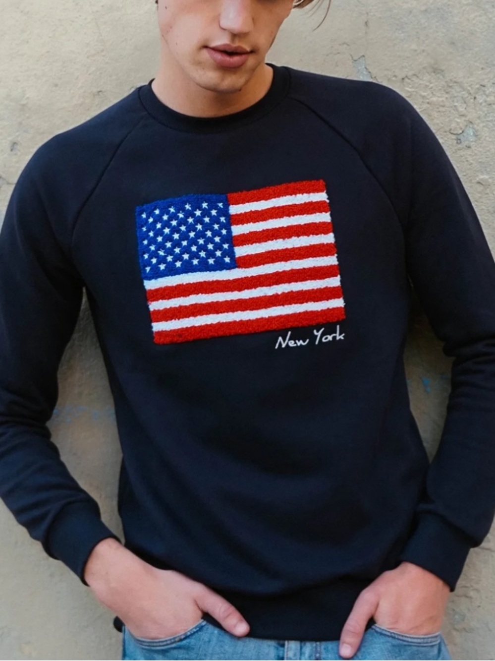 Zara Navy Crewneck Sweater with American Flag Patch Medium